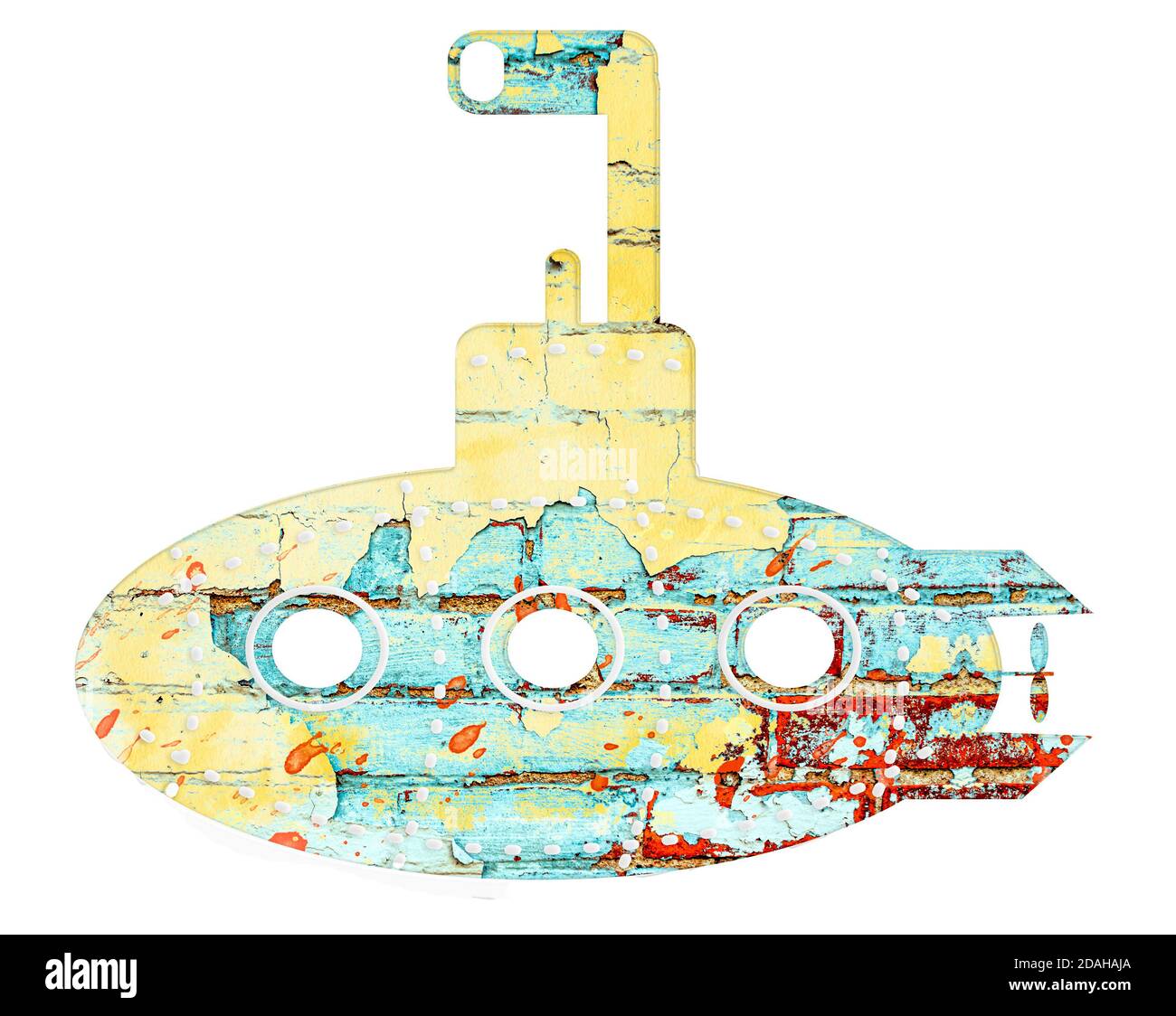A quirky yellow submarine cut out isolated on white. Inspired by Electric Boat in Groton Connecticut and the subs in San Diego, California Stock Photo