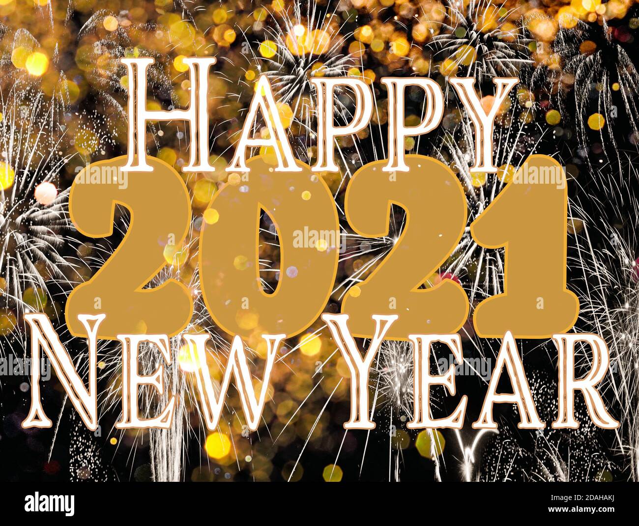Happy New Year 2021 vintage feel black and white retro fireworks in the night sky with gold numbers typography for the new year Stock Photo