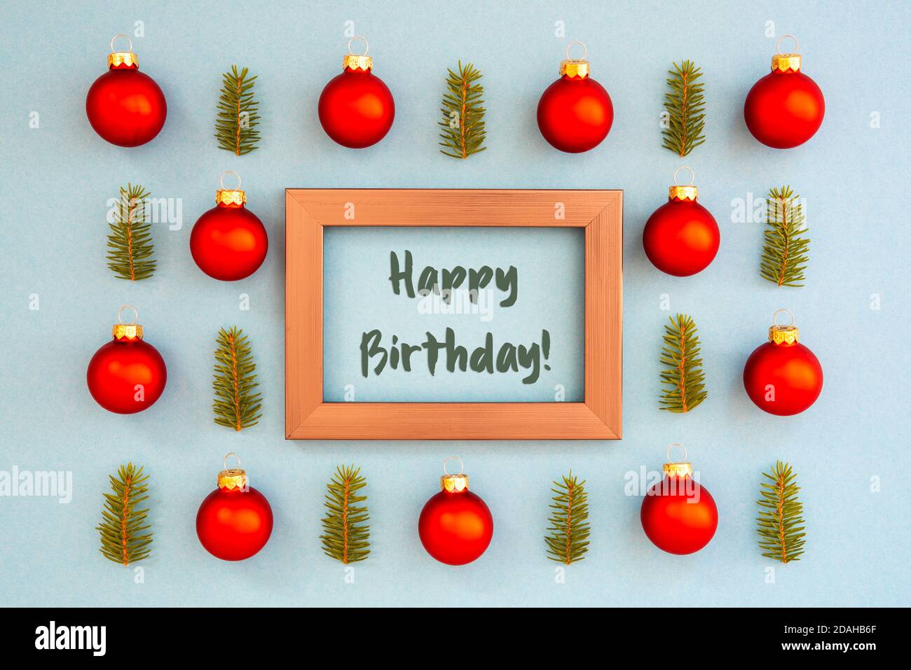 Christmas Texture, Ball, Branch, Frame, Text Happy Birthday Stock Photo