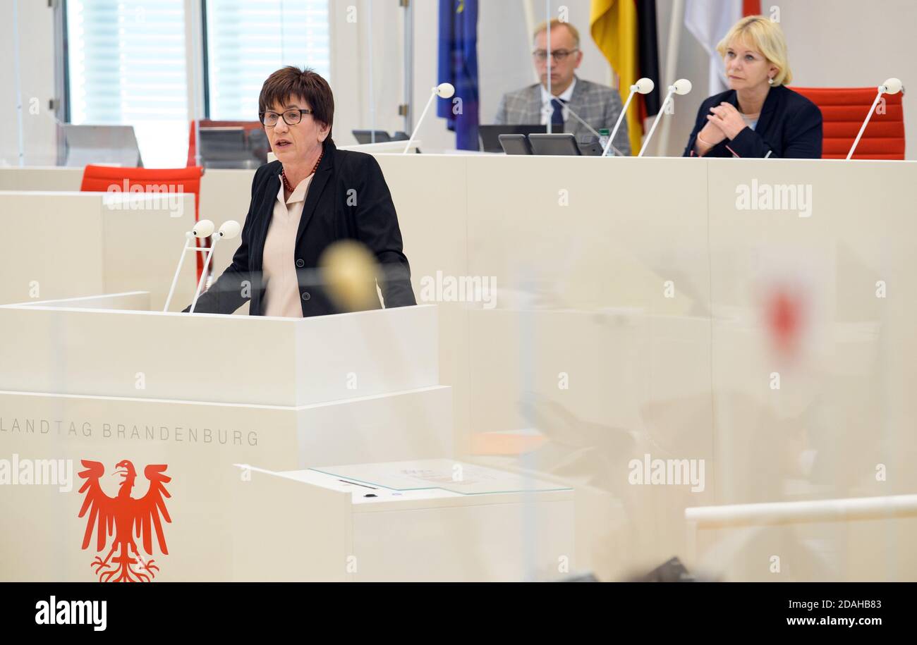 Potsdam, Germany. 12th Nov, 2020. Kathrin Schneider (l, SPD), Brandenburg Minister and Head of the State Chancellery, speaks during the state parliament session. The AfD faction had requested a topical lesson on '31 years since the fall of the Berlin Wall - 30 years of unity and justice and freedom? Ulrike Liedtke, President of the Landtag, is sitting behind her. Credit: Soeren Stache/dpa-Zentralbild/ZB/dpa/Alamy Live News Stock Photo