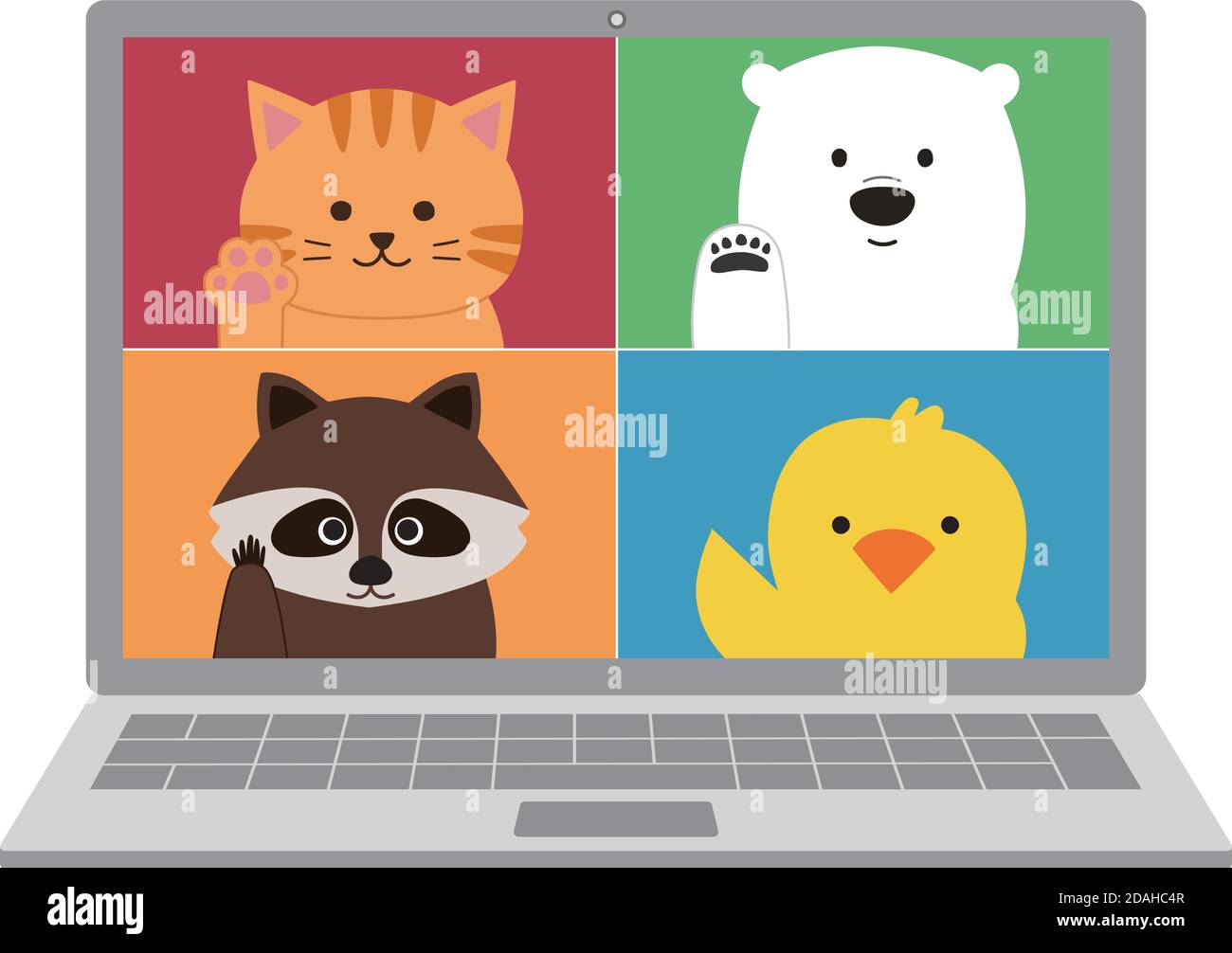Online meeting of animals on laptop. They wave their hand. Vector ...