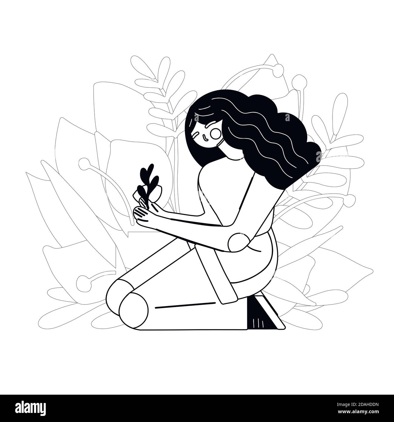 Save the nature. Contour illustration of a girl holding the leaves in her hands. Nature is in our hands. Vector outline illustration for articles, car Stock Vector