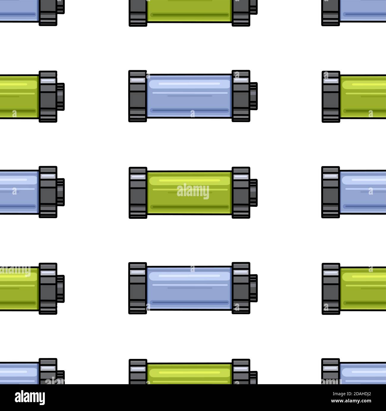 Seamless pattern with contour cartoon multi-colored batteries in a row