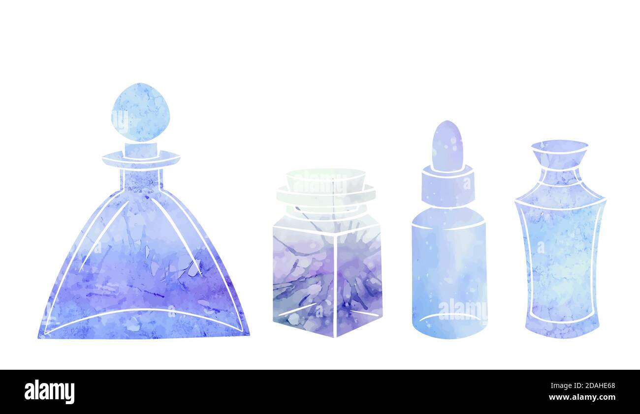 Silhouette of bottles, flasks and jars with blue watercolor background. Containers for perfumes and medicines. Natural medicine. Potions and Alchemy. Stock Vector