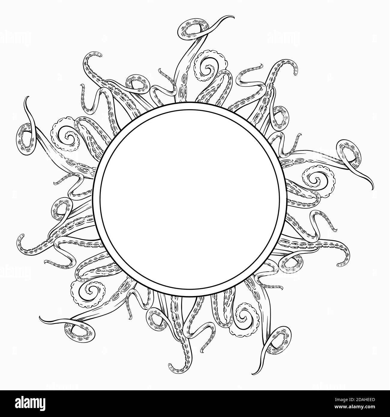 Circle frame with black and white sketches octopus tentacles and place for text. Creepy limbs of marine inhabitants. Vector round template for banner, Stock Vector