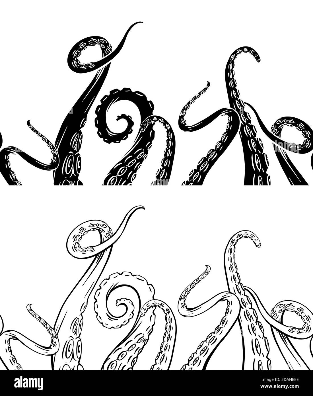 Set of seamless border of black silhouette and hand drawn sketches octopus tentacles. Creepy limbs of marine inhabitants. Vector object for frames, ca Stock Vector