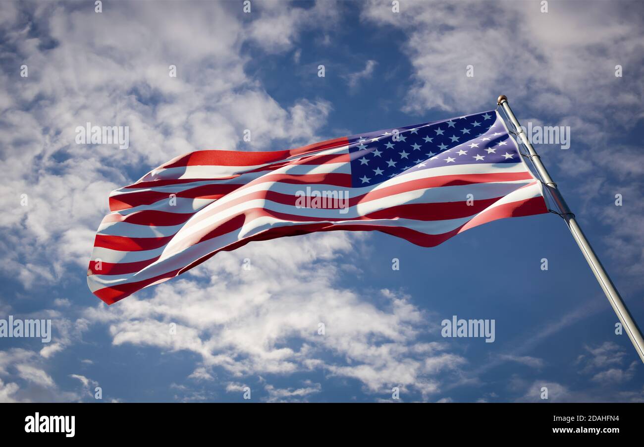 Beautiful national state flag of USA America fluttering at sky ...