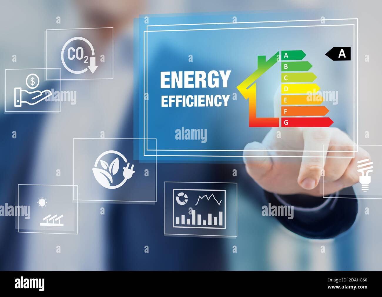 Energy efficiency rating and eco home renovation insulation performance, low consumption ecological house, sustainable development concept with expert Stock Photo