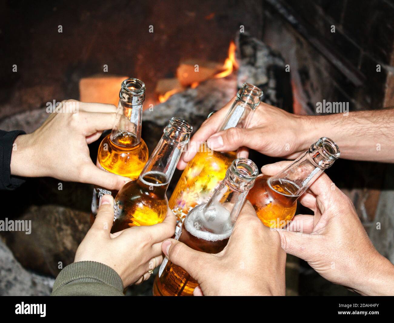 toast with bottles and fire background Stock Photo