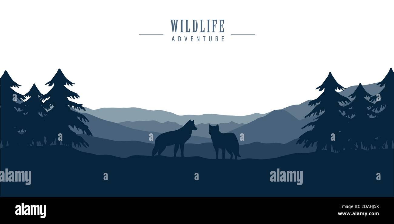 wolf pack on blue forest landscape with mountain view vector ...