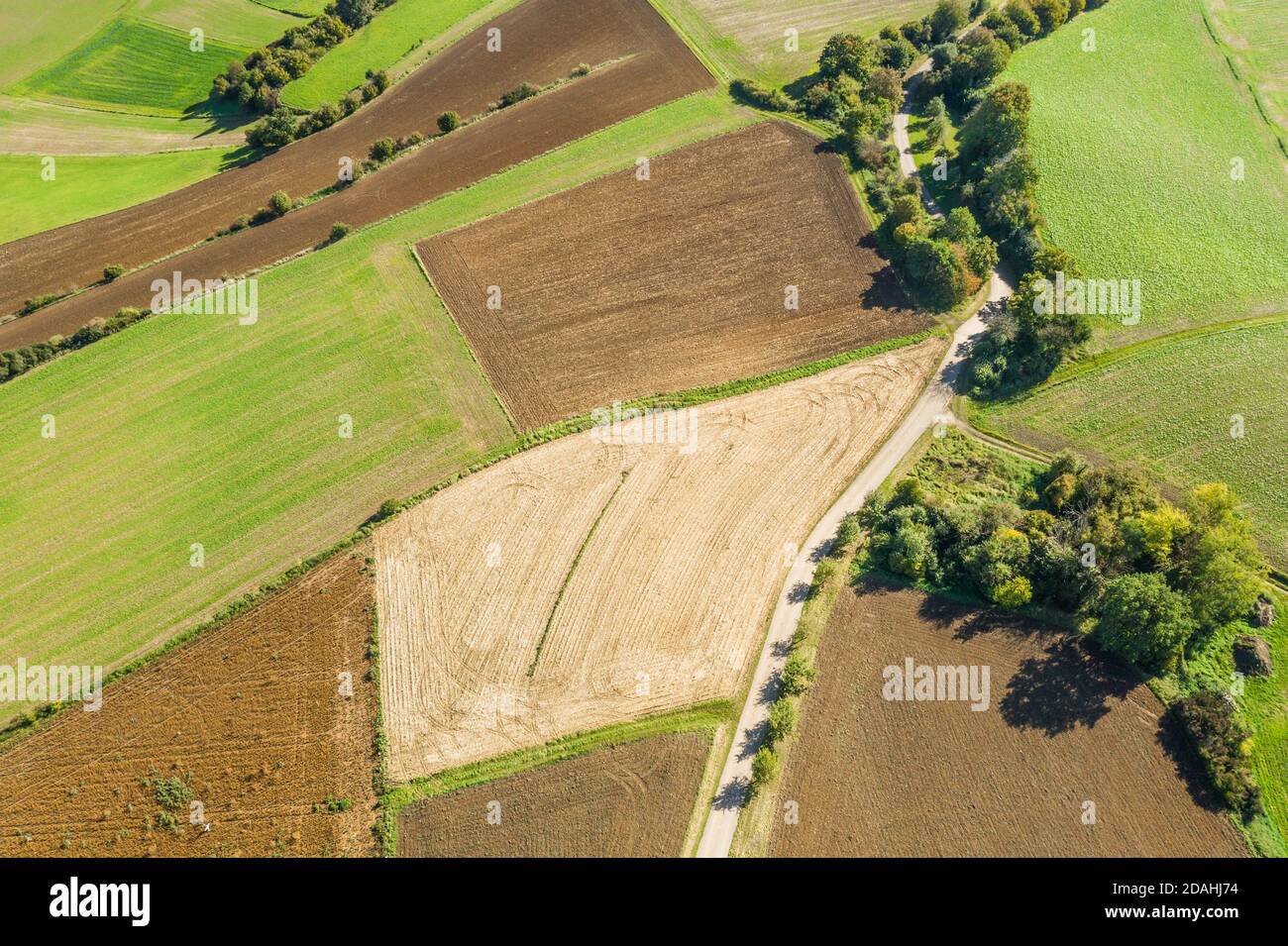 Picture of an aerial view of meadows and fields of a rural area with