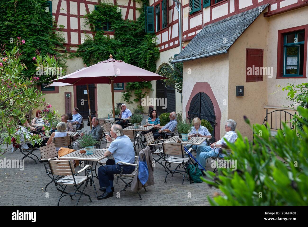 geography / travel, Germany, Hesse, Eltville at Rhine, Eltville, patio of the Langwerth von Simmernsch, Additional-Rights-Clearance-Info-Not-Available Stock Photo