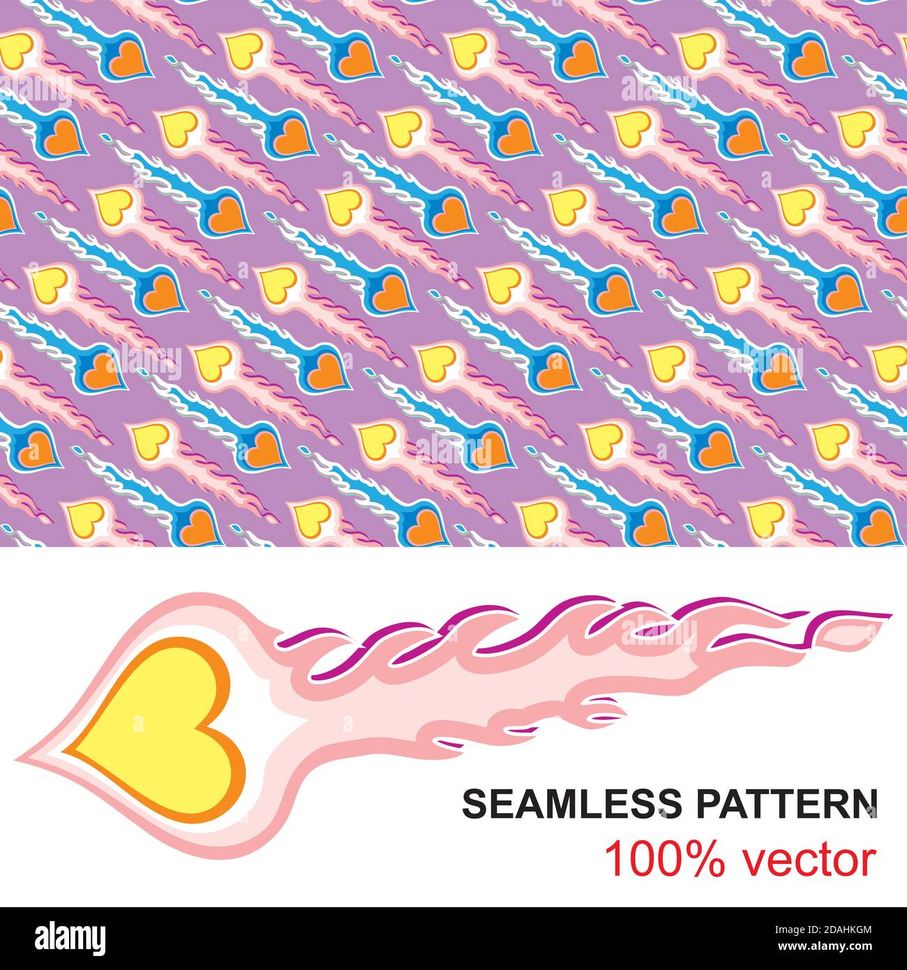 Burning Heart. Blazing heart. Seamless pattern with flaming hearts in the style of car stickers for design of gift packs, patterns fabric, wallpaper, Stock Vector