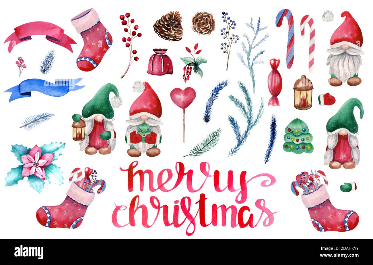 A set of elements on the theme of Christmas. Christmas gnomes, Christmas tree, cones, berries, etc. Watercolor illustrations Stock Photo