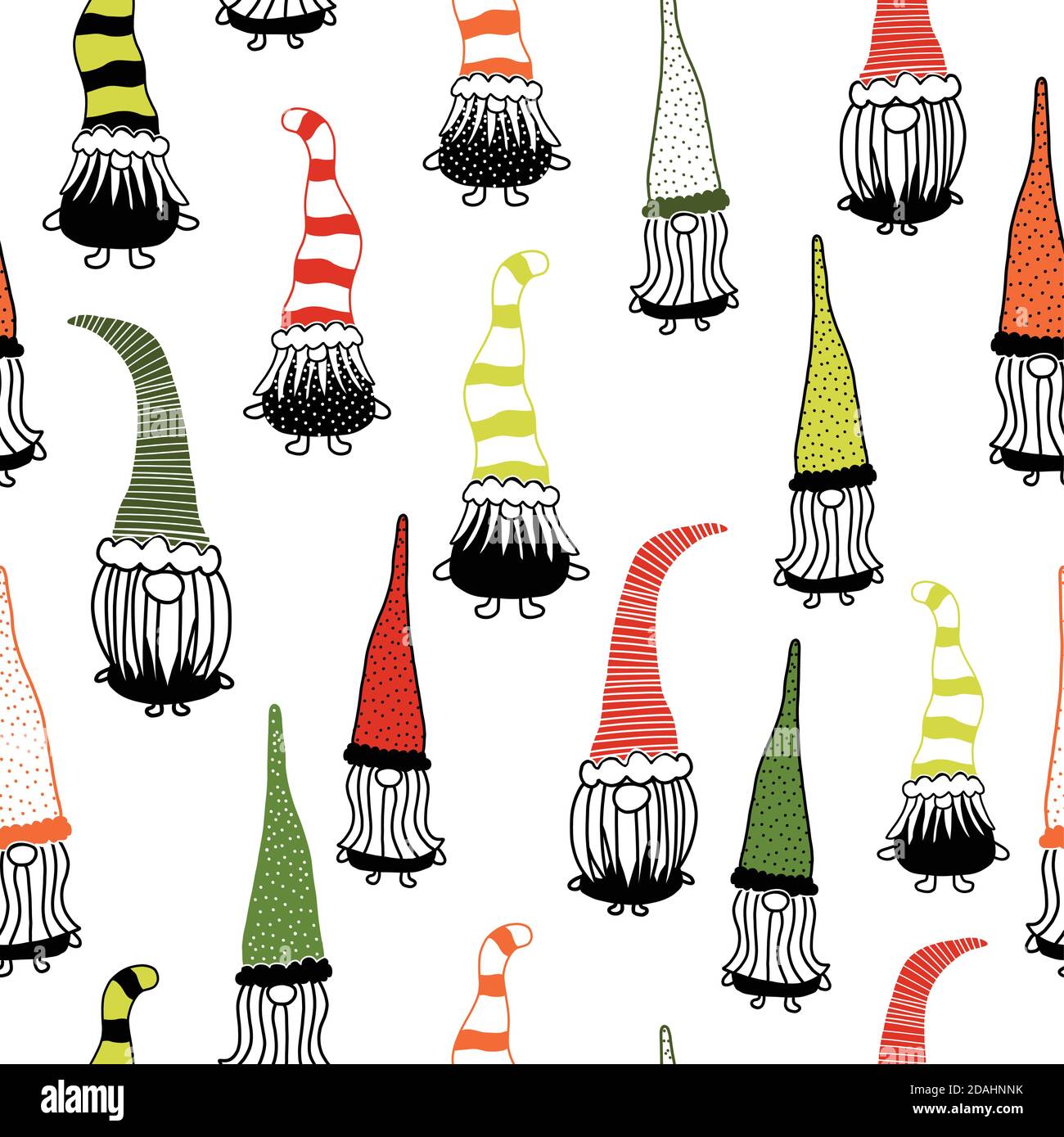 Christmas gnomes seamless vector background. Hand drawn illustration of ...