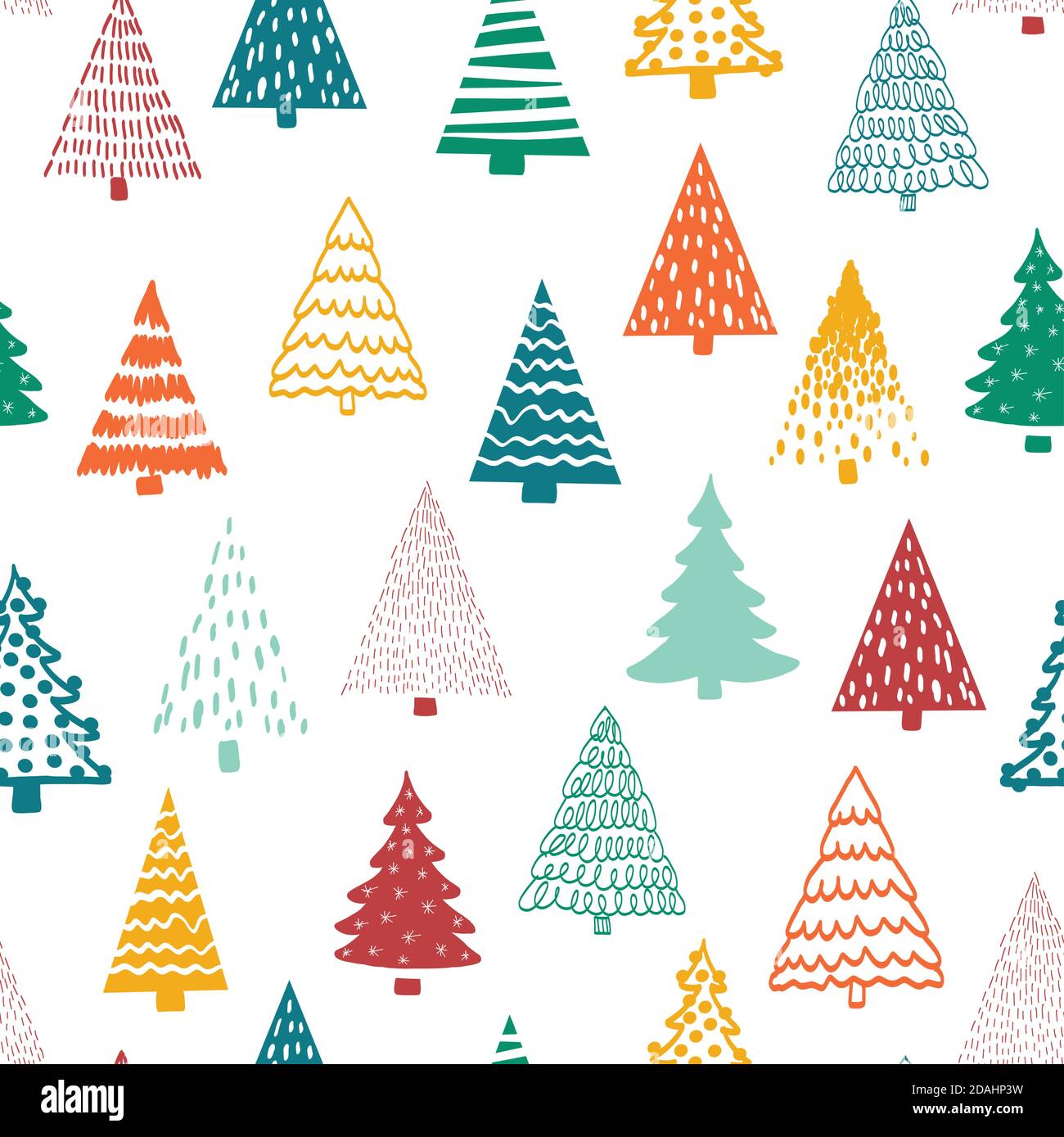 Christmas doodle trees vector background. Seamless pattern hand drawn ...
