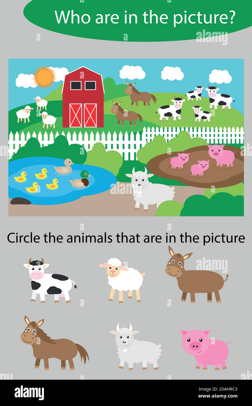 Circle the animals, game for children farm with animals cartoon style,  education game for kids, preschool worksheet activity, task for the  development Stock Vector Image & Art - Alamy