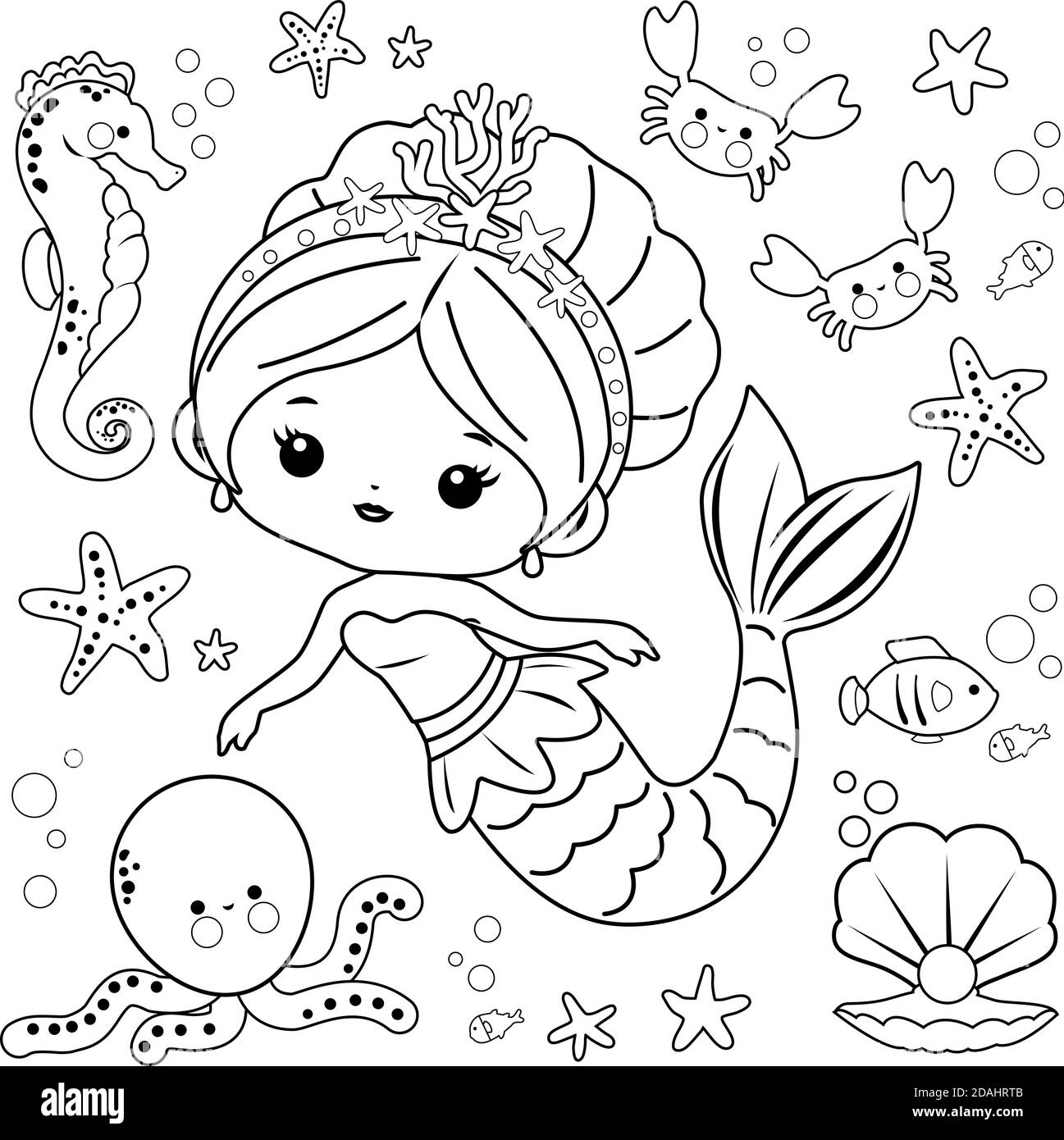 Beautiful mermaid and sea animals. Vector black and white coloring ...