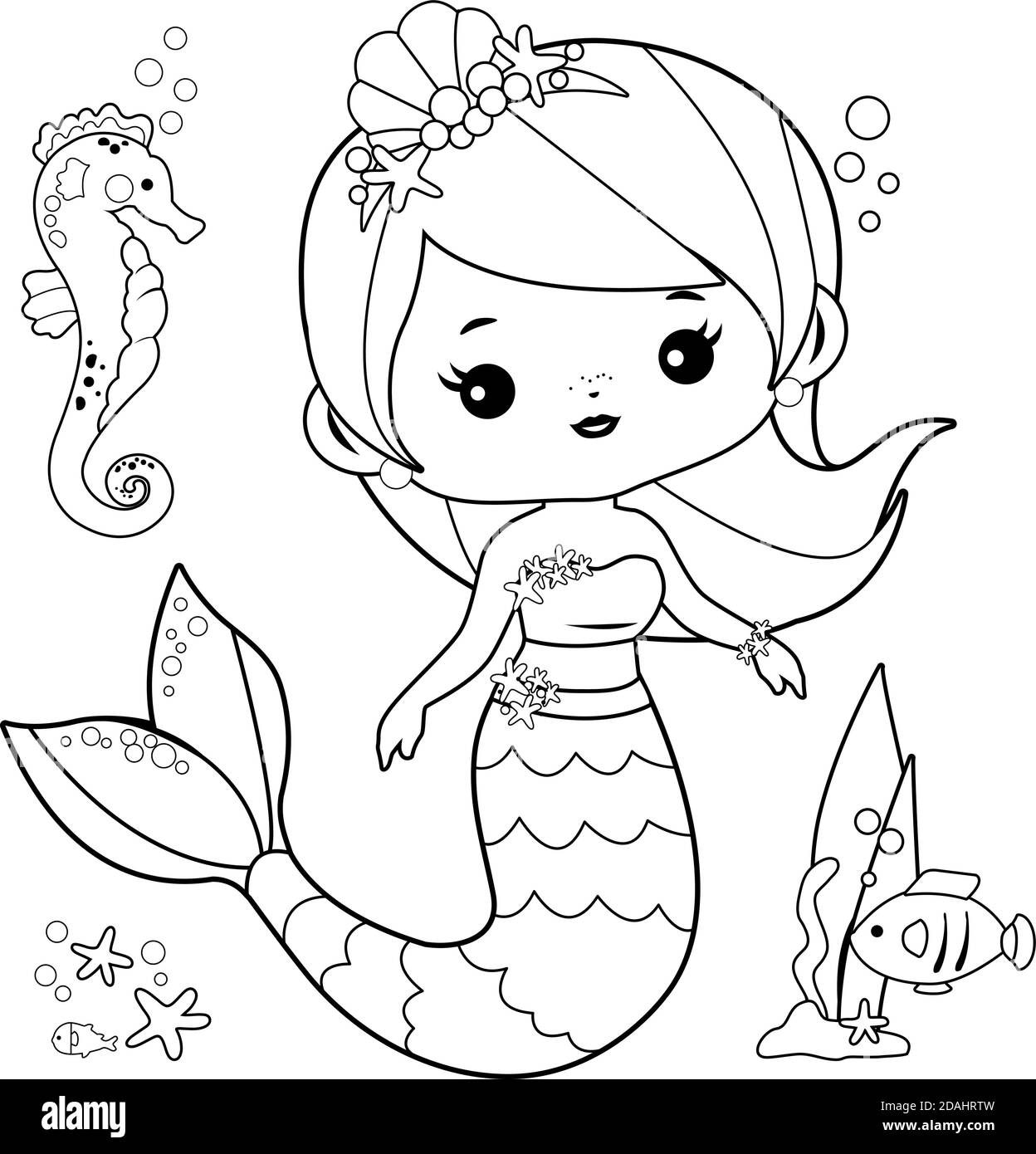 Beautiful mermaid and sea animals. Vector black and white coloring ...