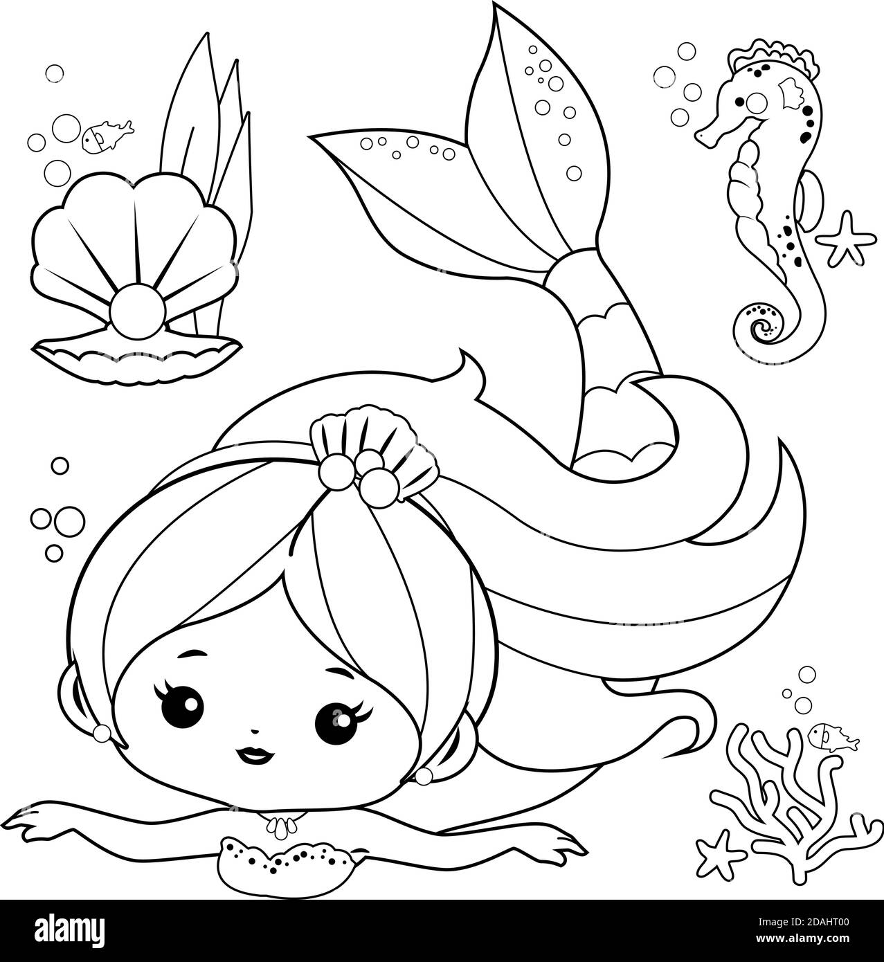 Beautiful mermaid and sea animals. Vector black and white coloring page ...