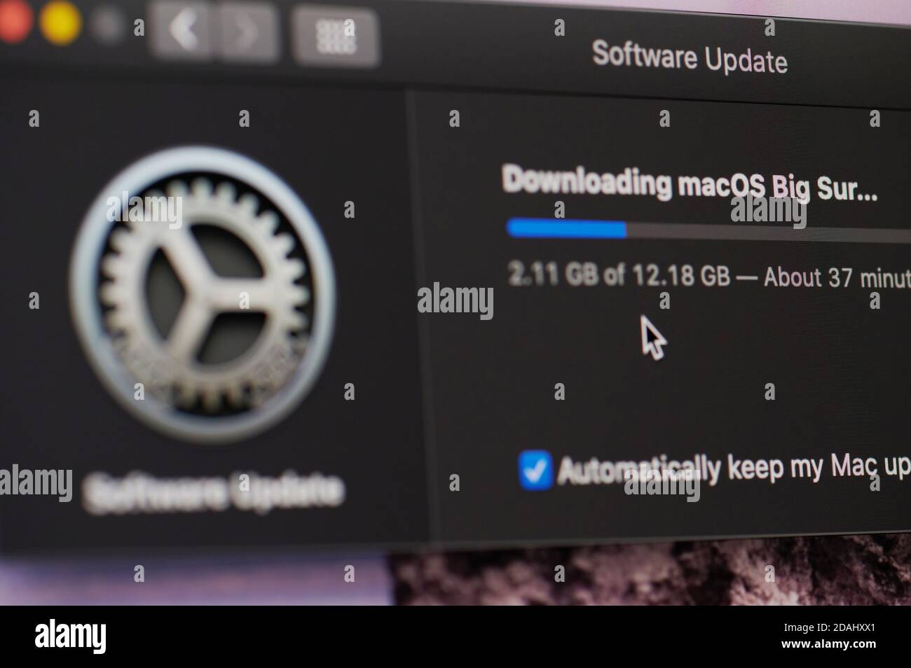 New york, USA - November 13, 2020: Downloading macos Big Sur on screen display close up view Stock Photo