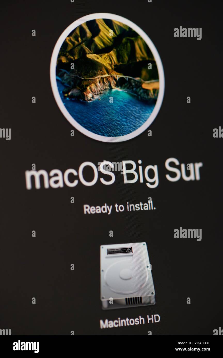 New york, USA - November 13, 2020: Ready to install macos Big Sur on screen display close up view Stock Photo