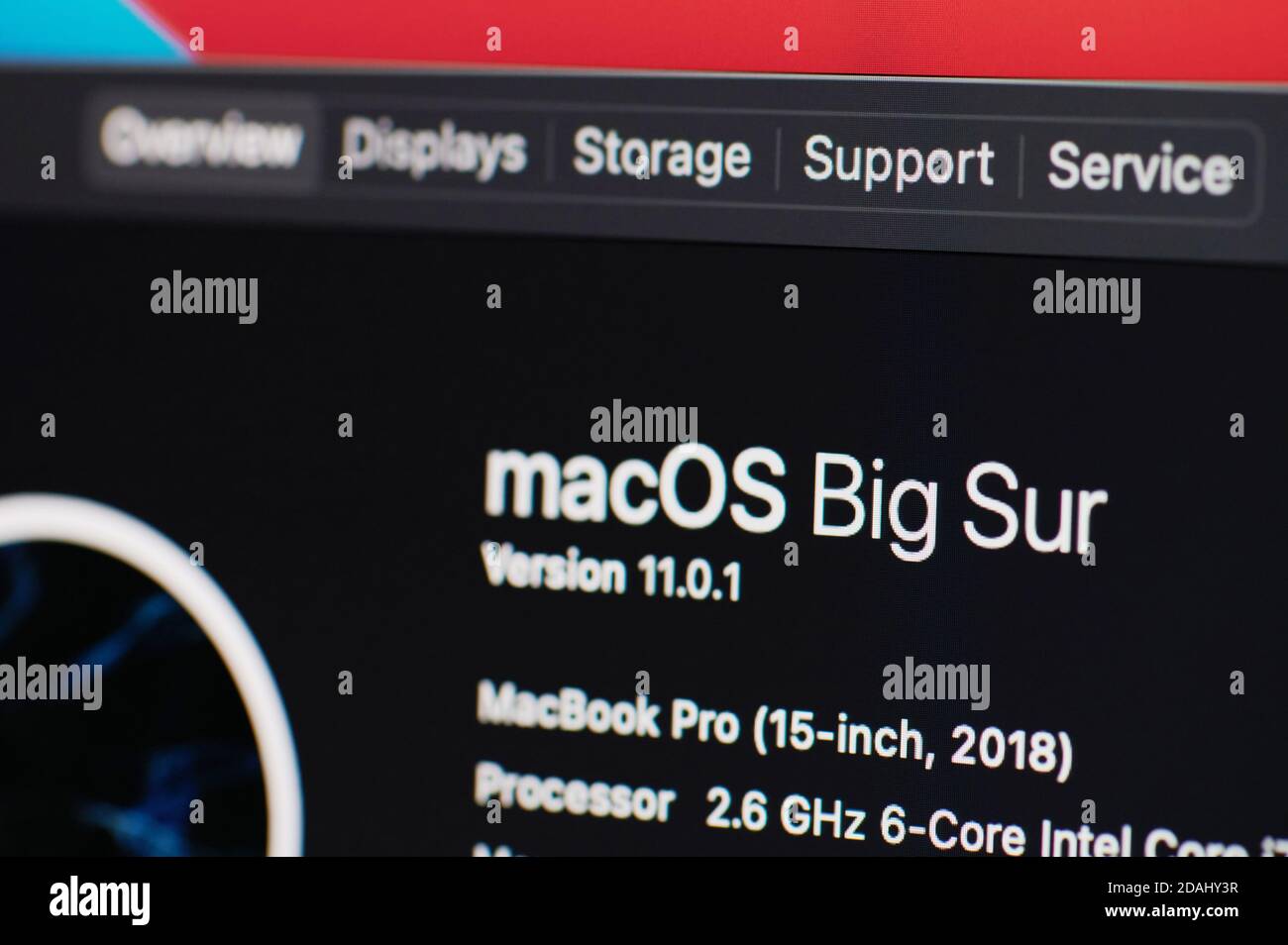 New york, USA - November 13, 2020: New version of Macos Big Sur on screen display close up view Stock Photo