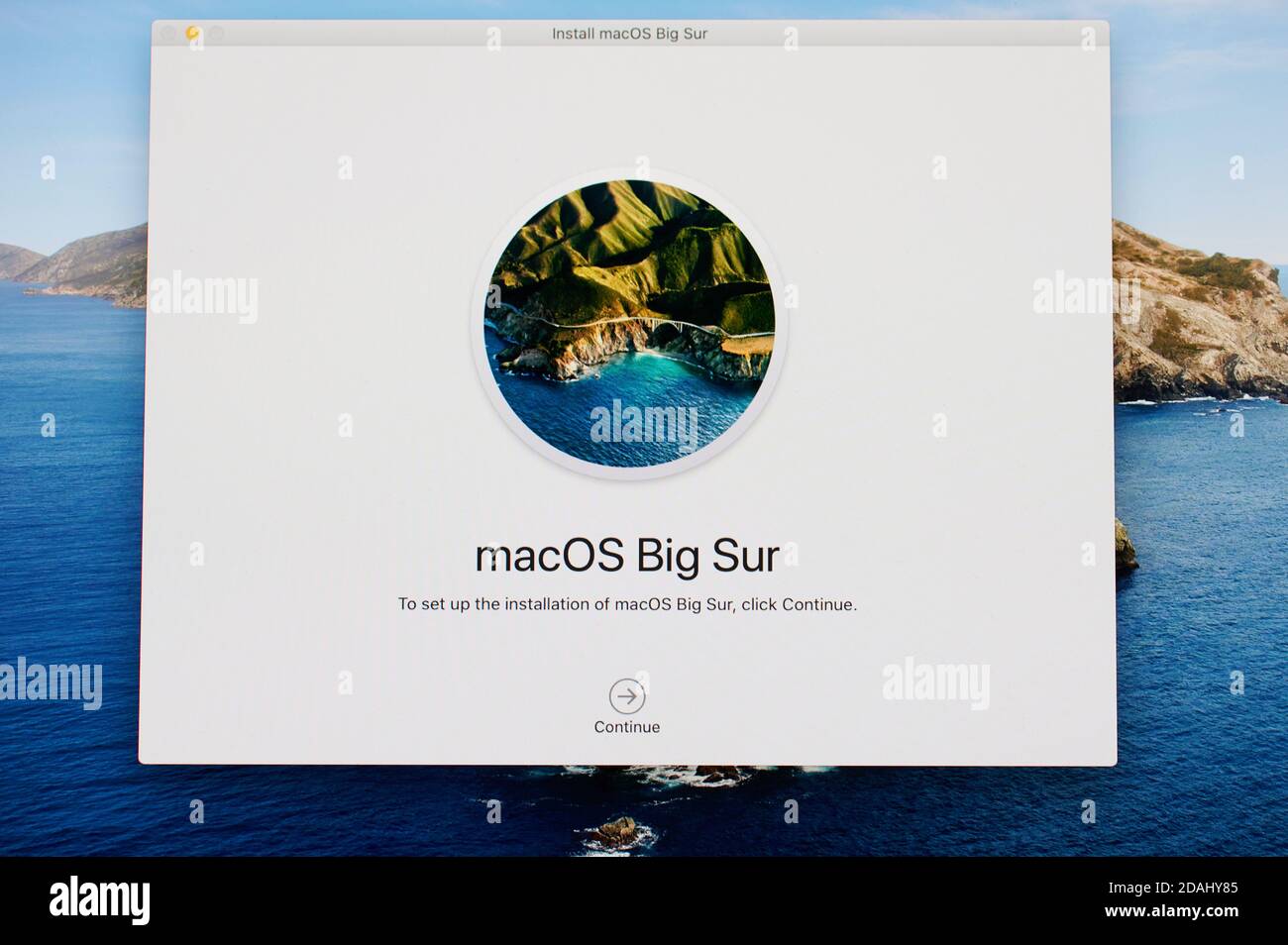 New york, USA - November 13, 2020: Install macos Big Sur on screen display close up view Stock Photo