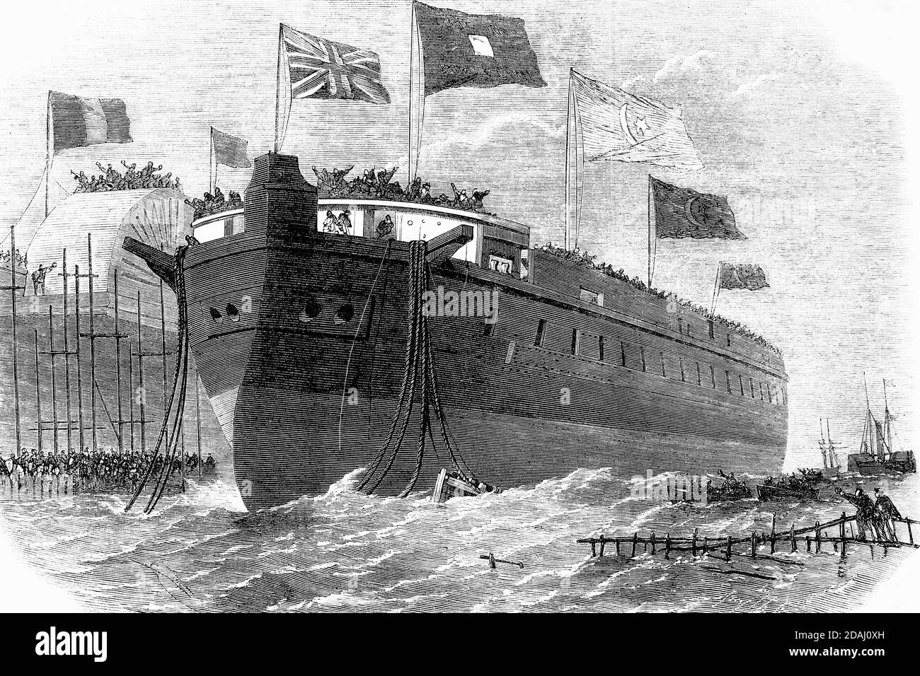 Launch of the Turkish iron-clad frigate, the new ship of war built for the Sultan Mahmoud at the Thames ironworks, Blackwall, London, England. Antique Stock Photo