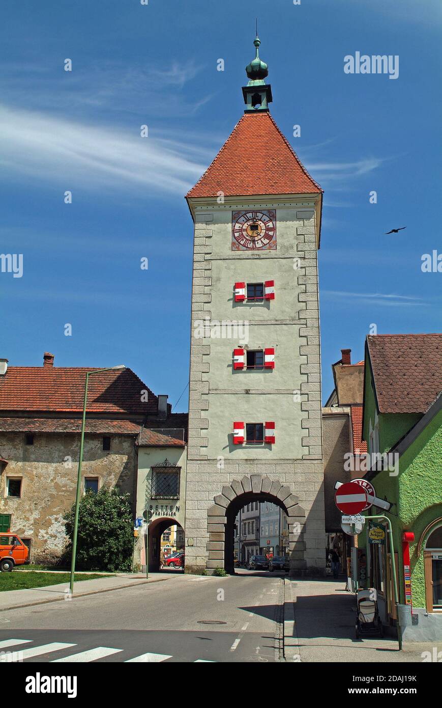 Wels, Austria - May 15, 2006: the city tower named Ledererturm integrated into the old city wall in the city in Upper Austria Stock Photo