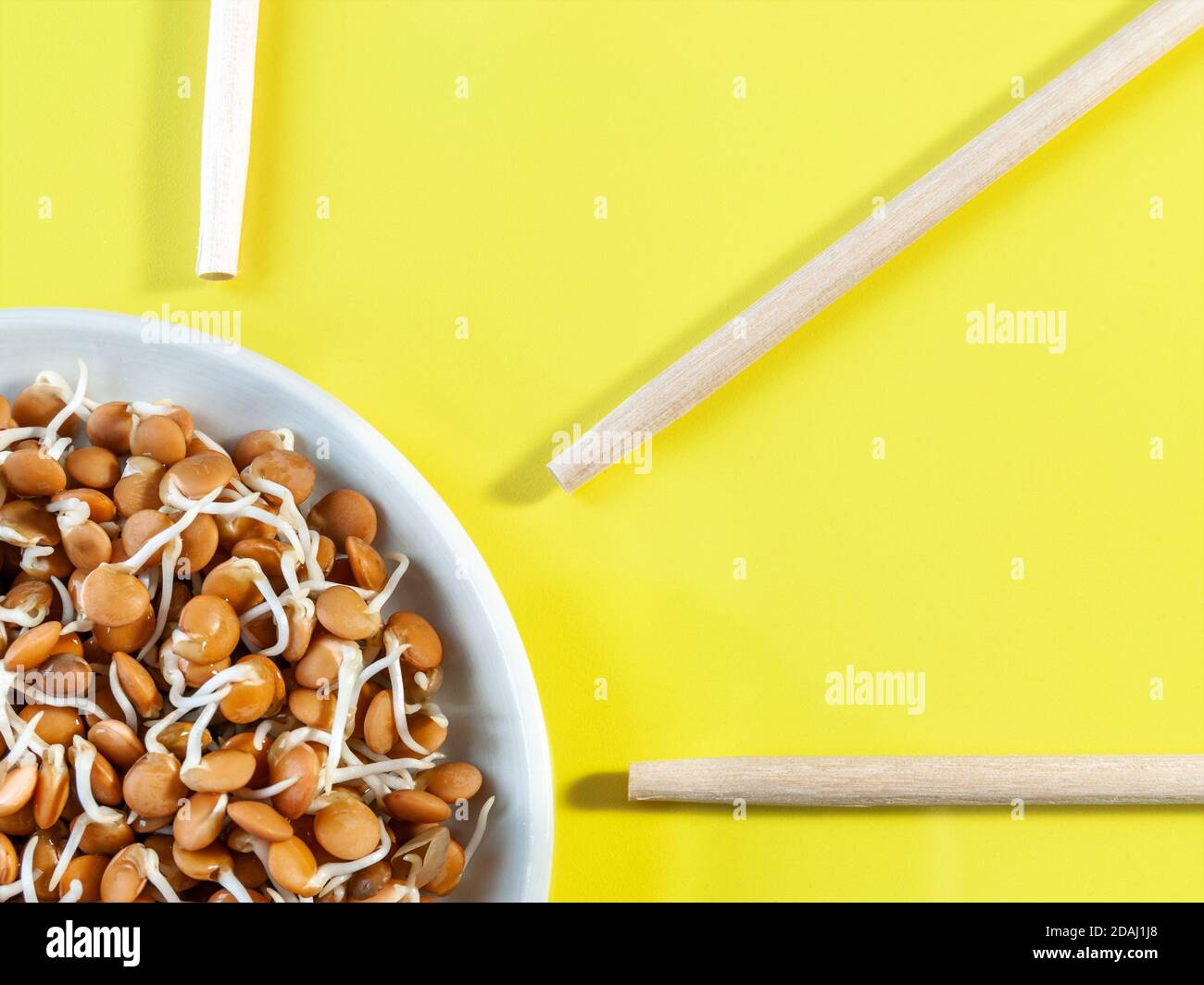 sprouted beans in a white plate and wooden sticks on a bright yellow background. High quality photo Stock Photo