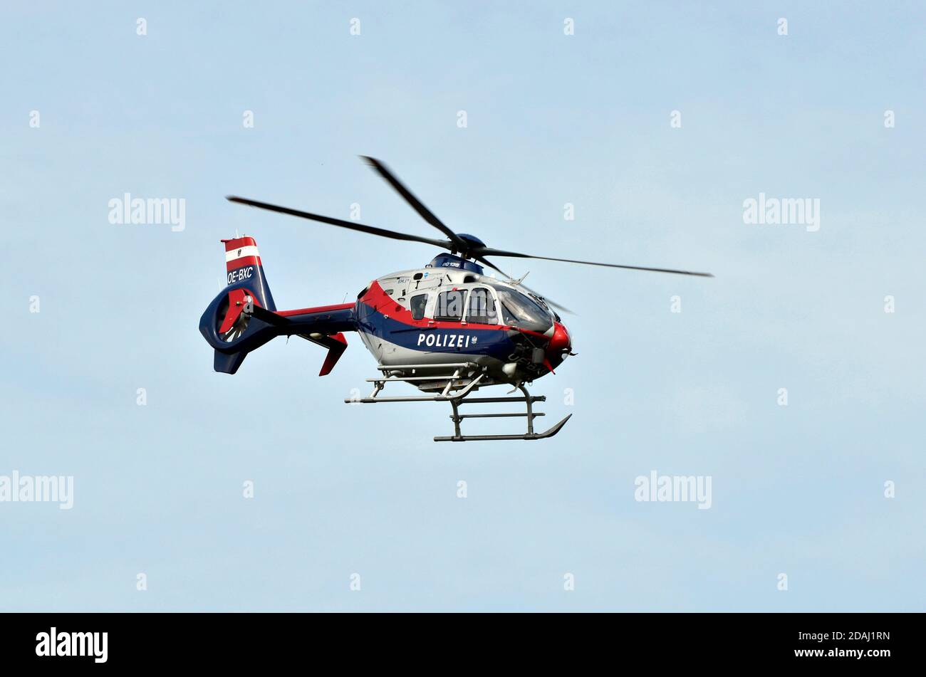 Eisenstadt, Austria - May 14, 2011: police helicopter - Eurocopter EC 135 - in operation for an accident Stock Photo