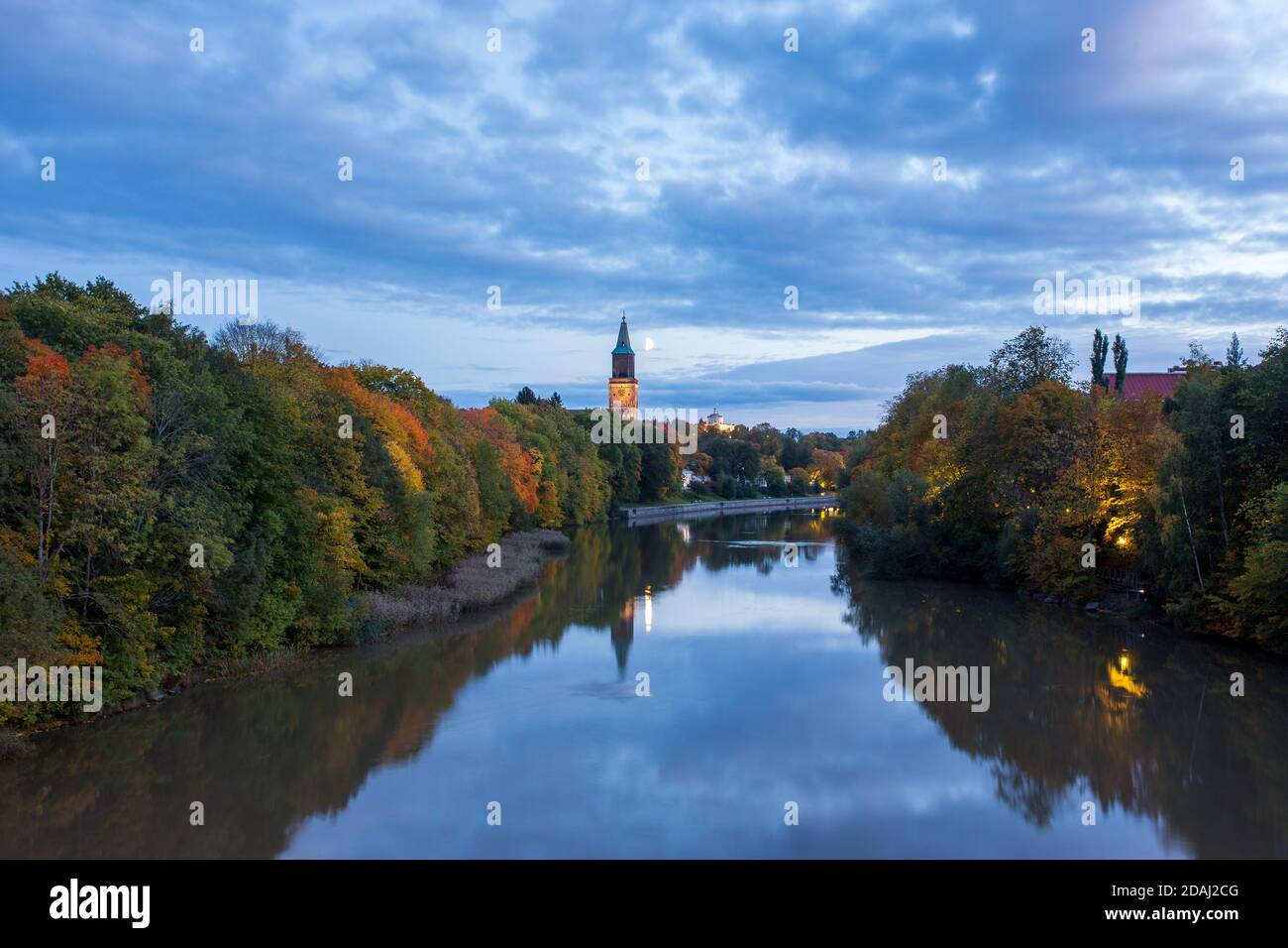Aura river and the tower of Turku Cathedral in autumn in Turku, Finland Stock Photo