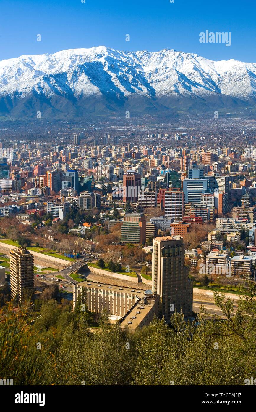 Panoramic view of Providencia district with Los Andes Mountain Range in the back, Santiago de Chile Stock Photo