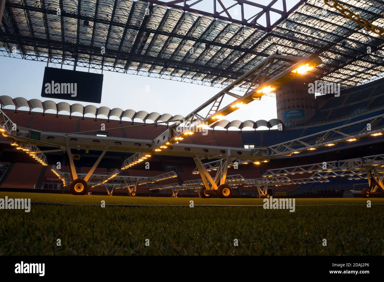 Milan, San Siro/ Italy - January 22, 2019: A special system of additional lighting sports natural lawn MLR  illuminates the grass at the stadium Giuse Stock Photo