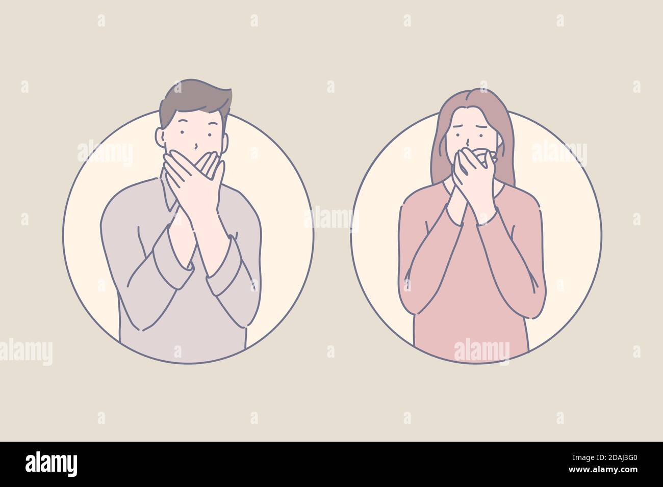 Speechless victim, insecurity, frightened eyewitness concept. People covering mouth in despair. Silent protest, intimidated people refusing to speak. Stock Vector