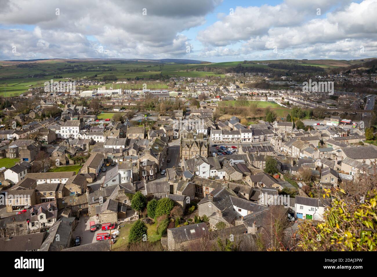 View over the Yorkshire Dales town of Settle from Castleberg Crag Stock Photo