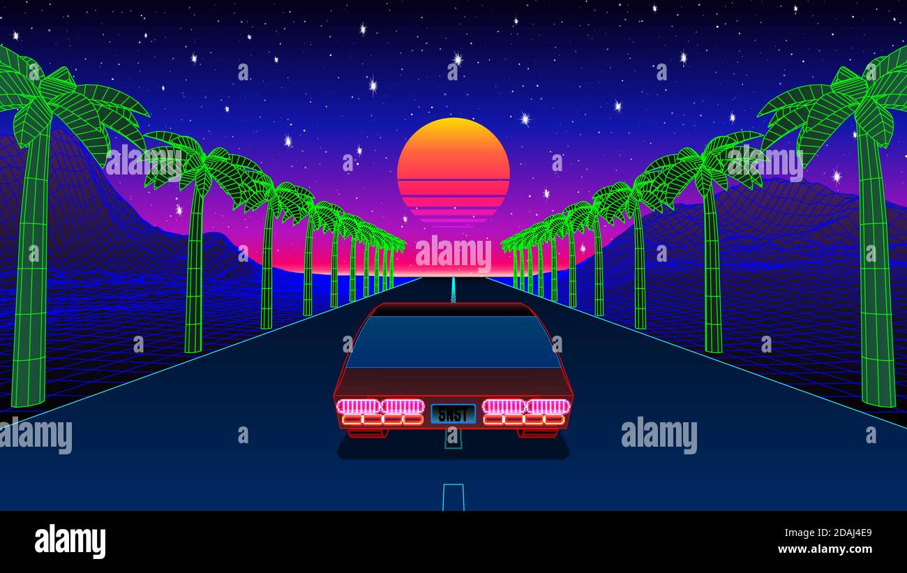 Classic 80s car ride on the road with palm trees, mountains and sunset. Retrowave or synthwave arcade game view with race to the sun Stock Vector