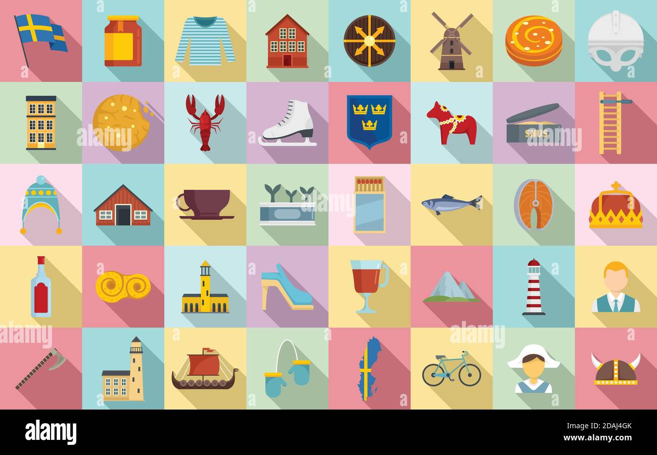 Sweden icons set, flat style Stock Vector