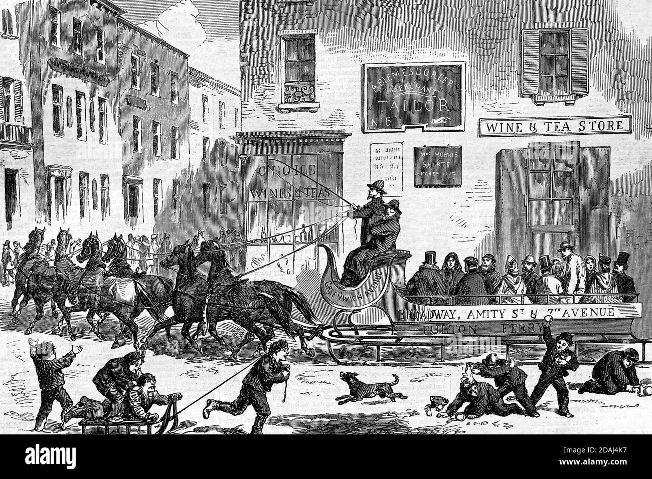 Winter in New York, an Omnibus Sleigh. Antique illustration. 1867. Stock Photo