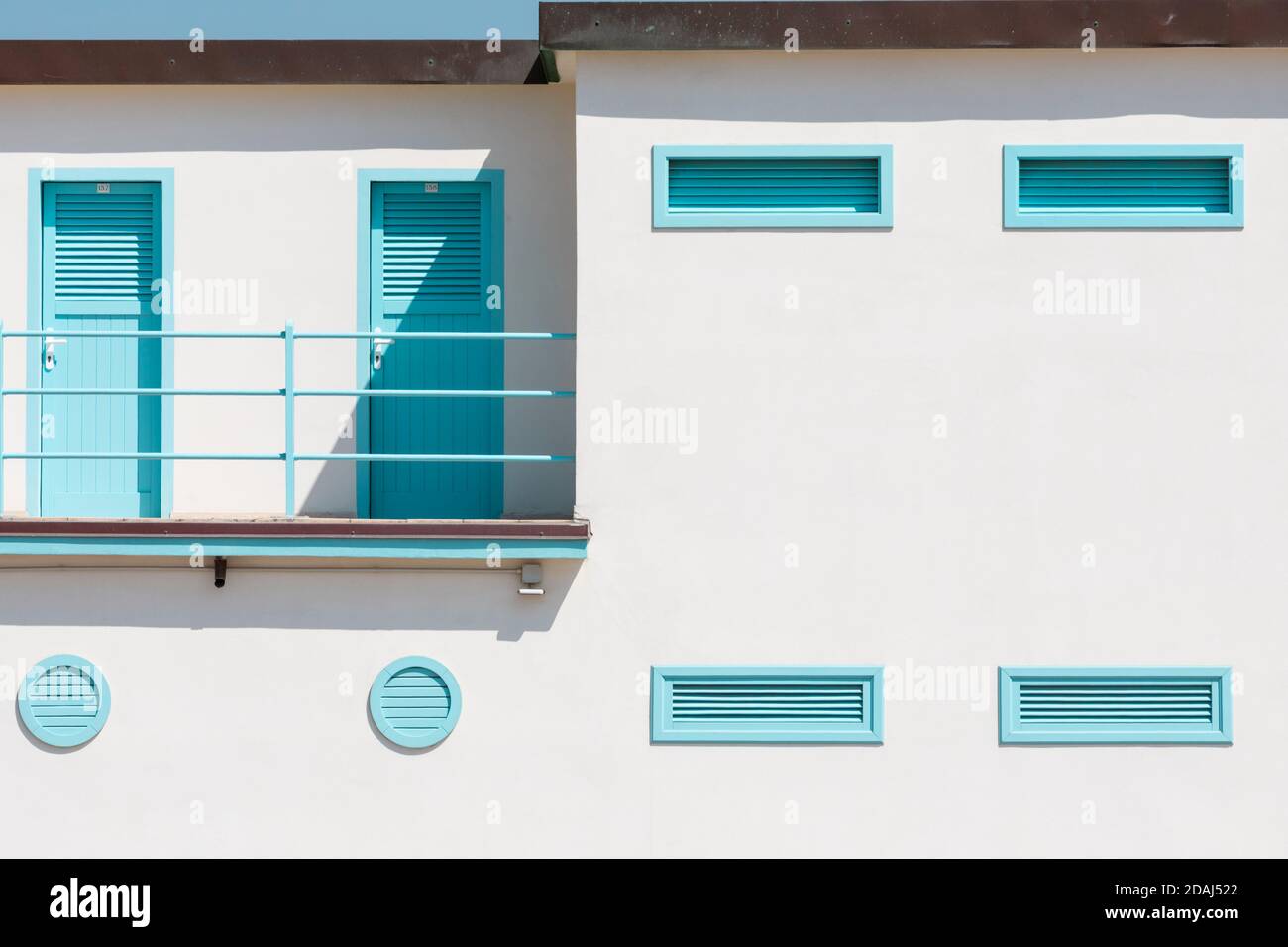 Exterior detail of vintage bathing cabins on the lido in Viareggio, Tuscany, Italy. Stock Photo