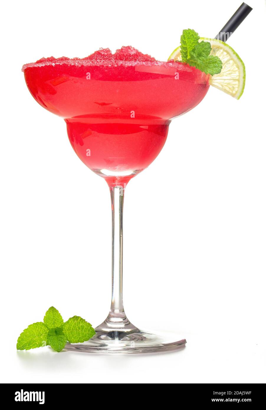 strawberry frozen margarita garnished with mint and lemon isolated on