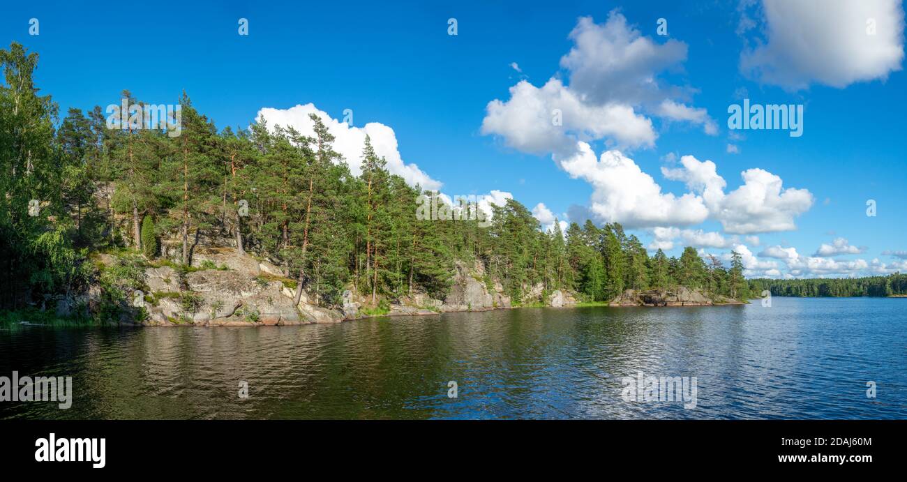 Summer lake scene at hiking trail in Teijo national park, Salo, Finland. Trees and the Matildajarvi lake. Stock Photo