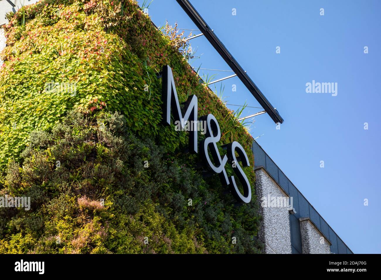 M&S Marks & Spencer, sign and logo with a living wall background Stock Photo