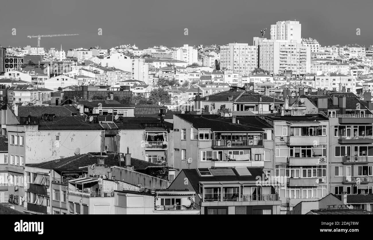 Istanbul, Turkey - Nov 03, 2018: Black and white image of streets, biuldings and roofs of Istanbul. Urban view from the top point Stock Photo