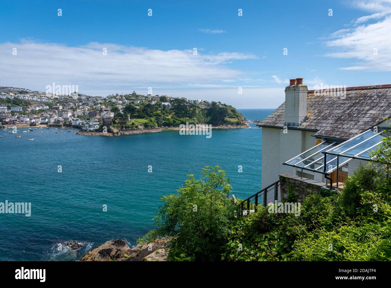 View of Polruan over the Fowey Estuary from a house in Fowey, Cornwall, UK Stock Photo