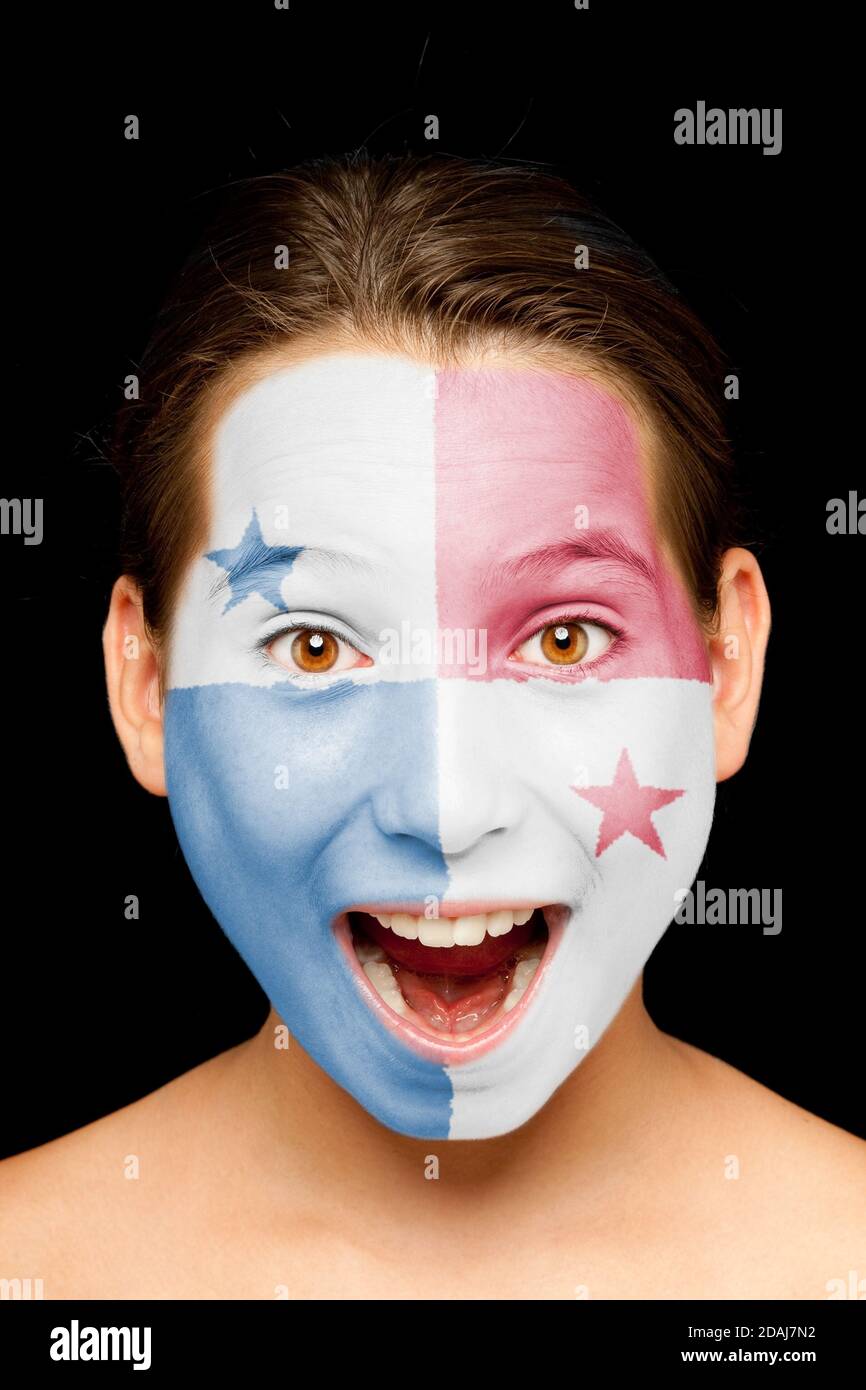 portrait of girl with panamanian flag painted on her face Stock Photo