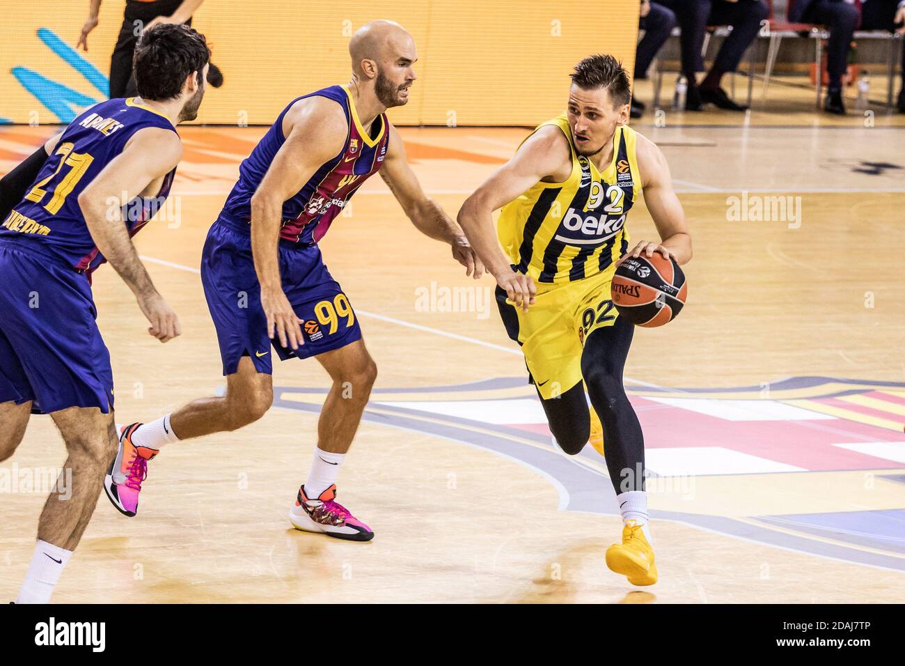 Edgaras Ulanovas of Fenerbahce Beko Istambul and Nick Calathes of Fc Barcelona during the Turkish Airlines EuroLeague basketba / LM Stock Photo