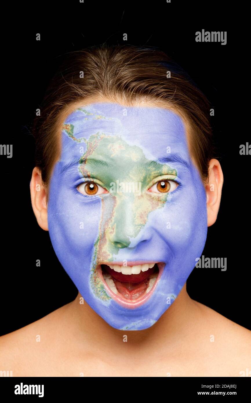 portrait of girl with south american map painted on her face Stock Photo