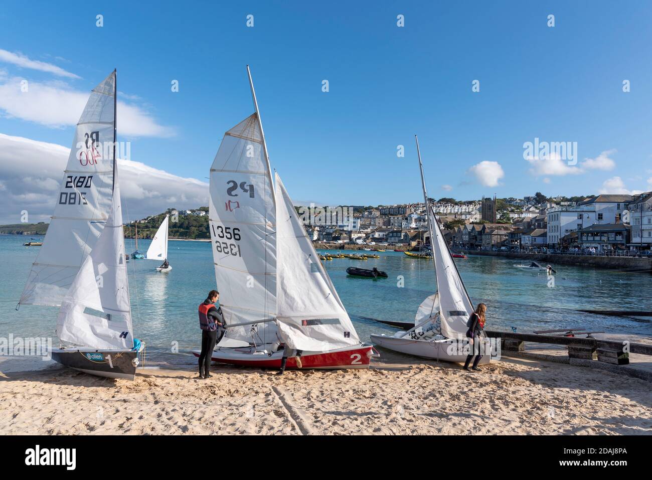 Sailboats on Harbour Sands, St Ives Harbour, Cornwall, UK Stock Photo